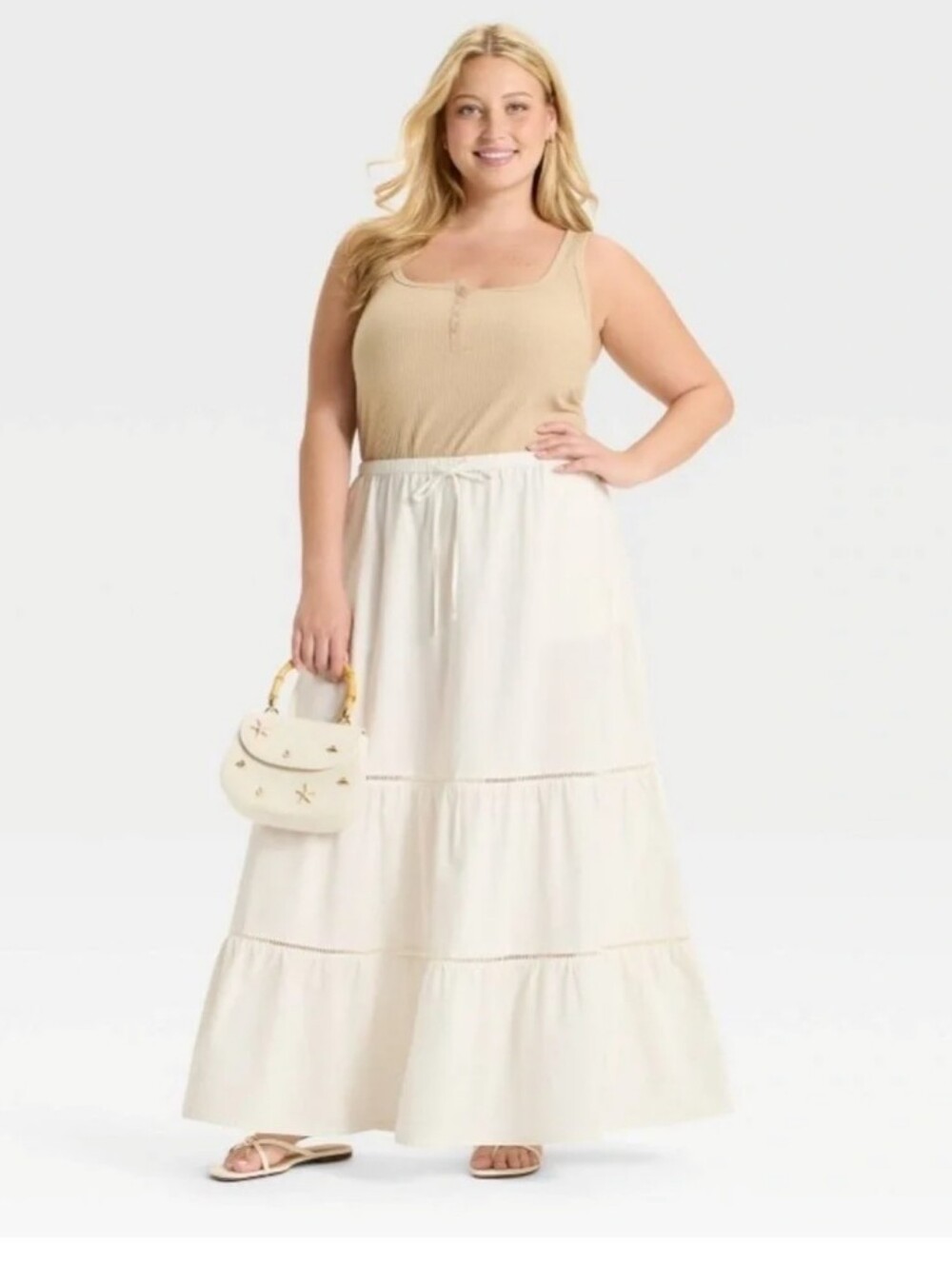 Ava & Viv Tiered Cream Maxi Skirt - Lightweight Drawstring Waist 4x